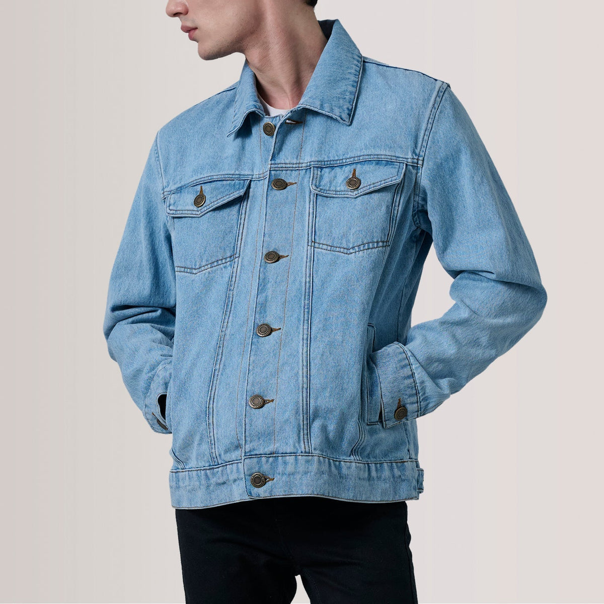 Conard Light Blue Denim Trucker Jacket - men's jacket in light blue denim, view 5