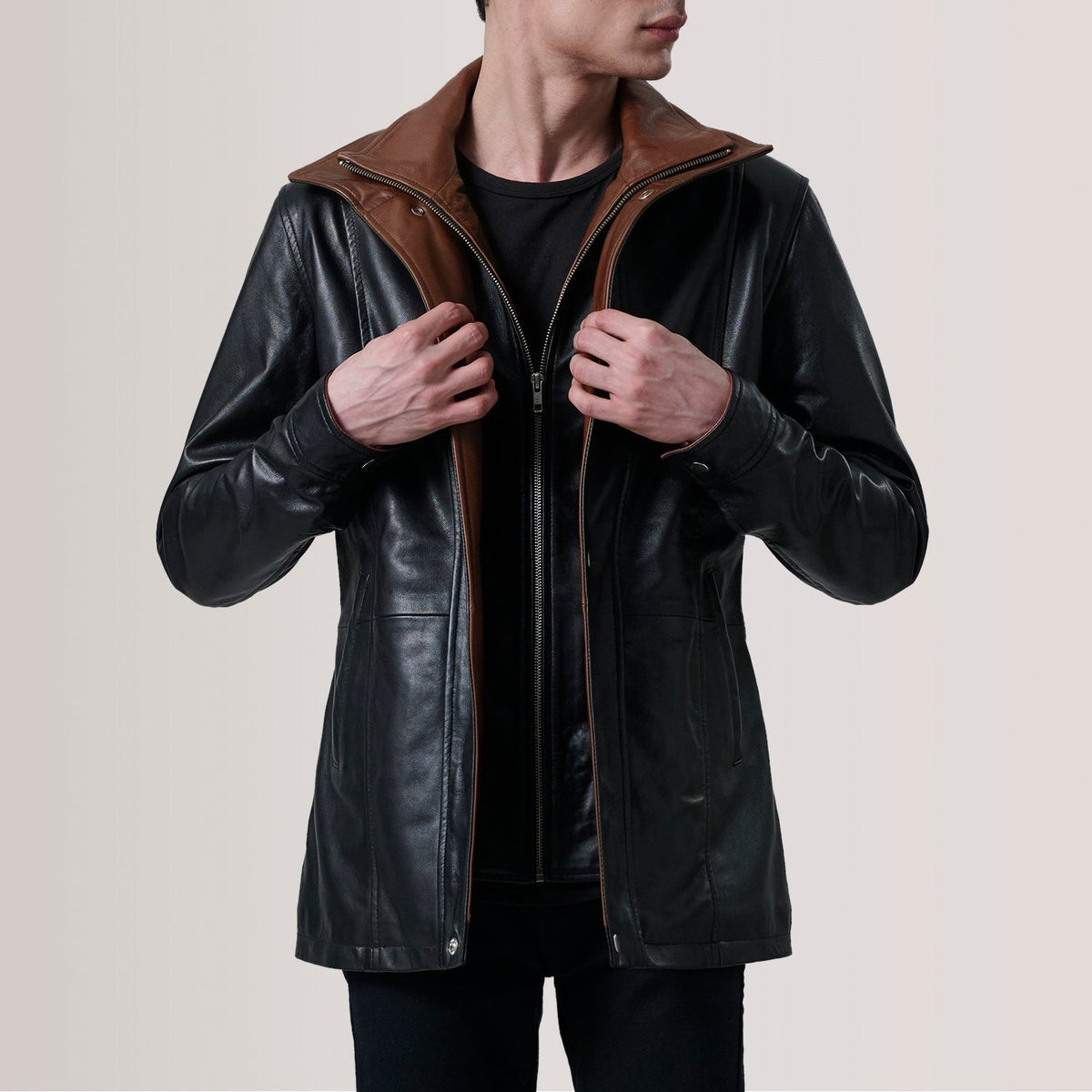 Connor Black Leather Coat - men's coat in black premium leather, view 1