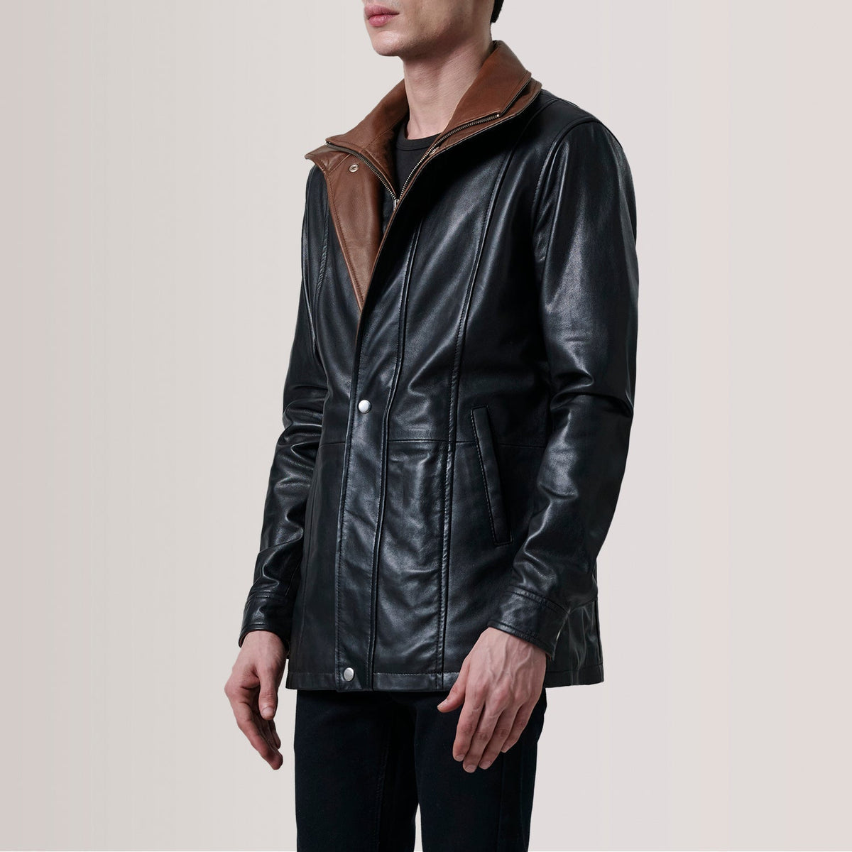 Connor Black Leather Coat - men's coat in black premium leather, view 3