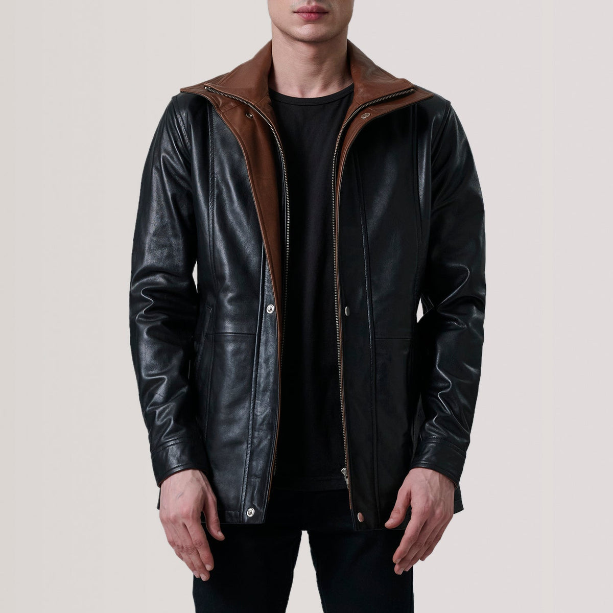 Connor Black Leather Coat - men's coat in black premium leather, view 5