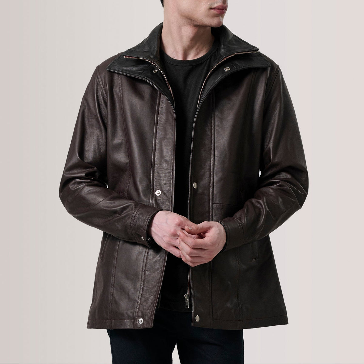 Connor Maroon Leather Coat - men's coat in maroon premium leather, view 1