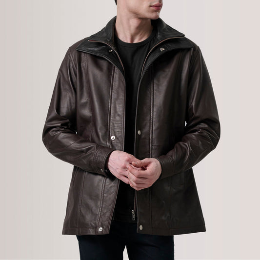 Connor Maroon Leather Coat - men's coat in maroon premium leather, view 1