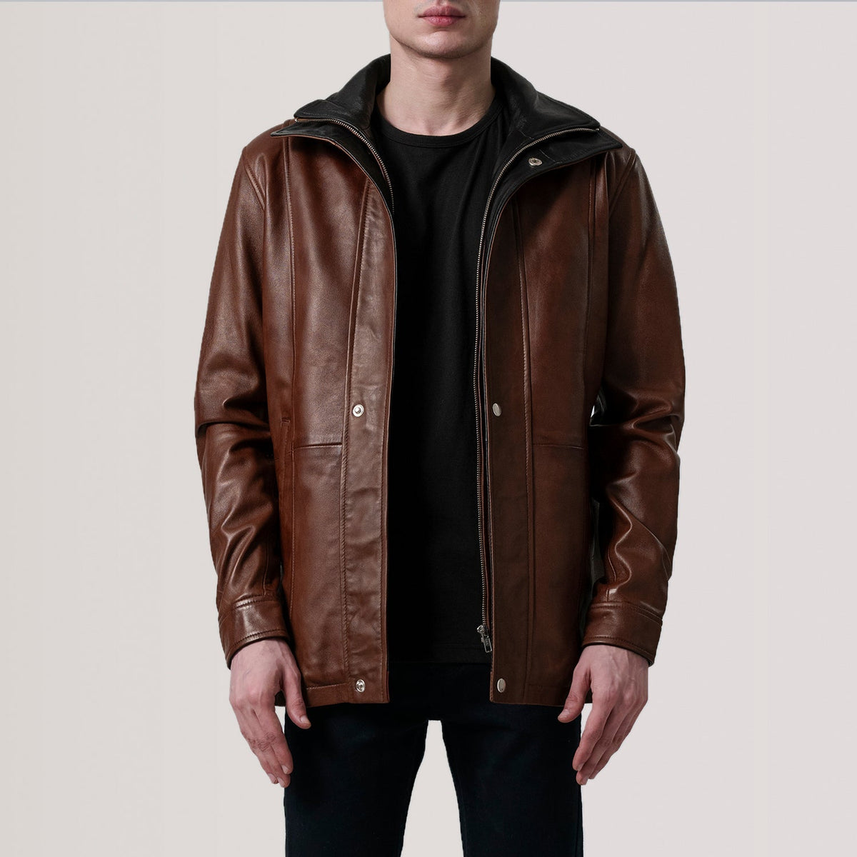 Connor Waxed Brown Leather Coat - men's coat in brown premium leather, view 1