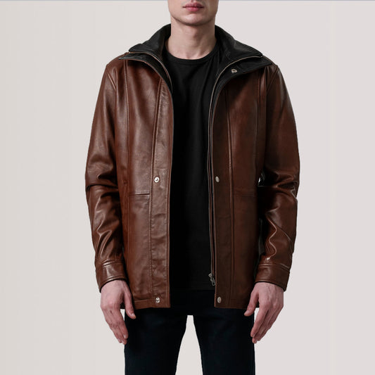 Connor Waxed Brown Leather Coat - men's coat in brown premium leather, view 1