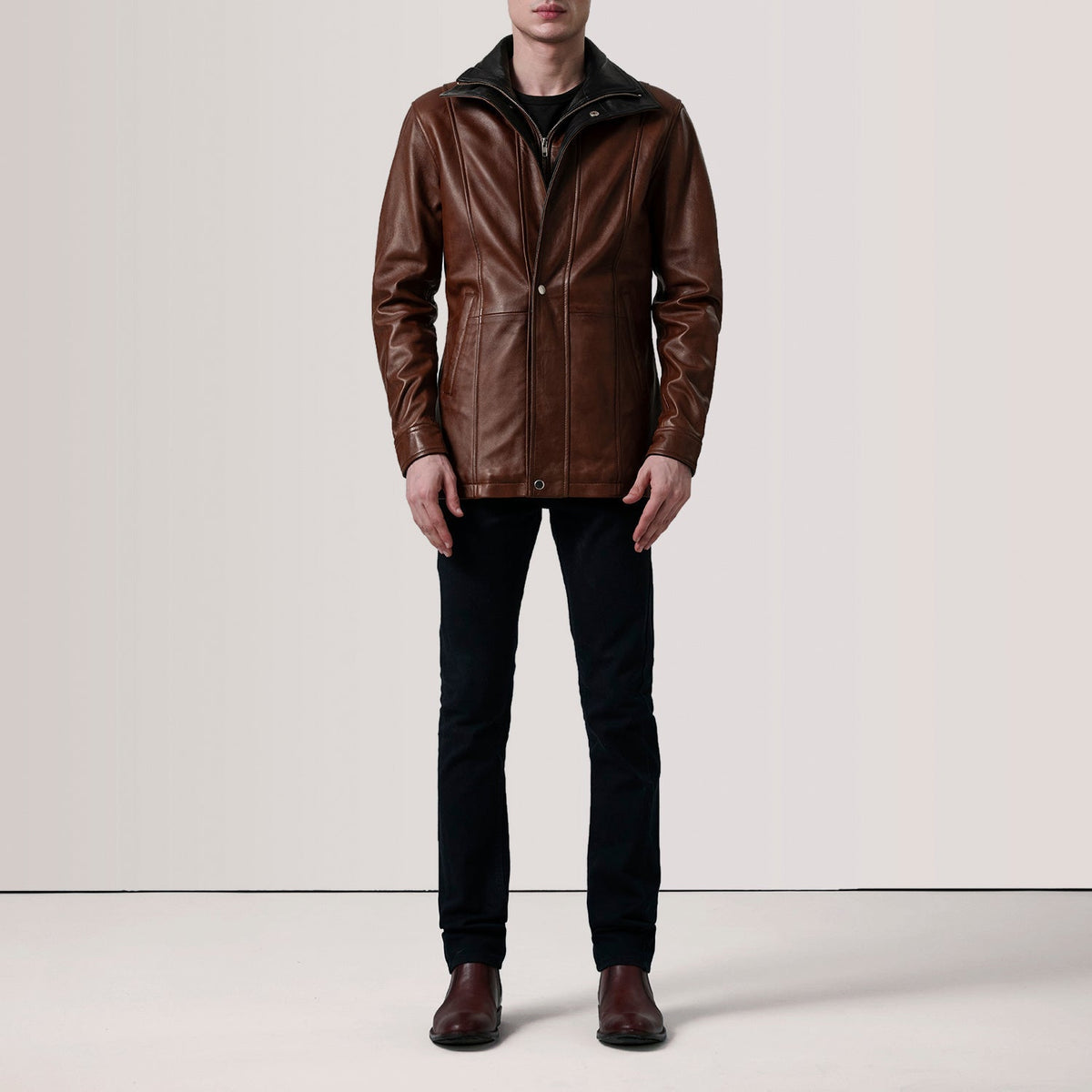 Connor Waxed Brown Leather Coat - men's coat in brown premium leather, view 2