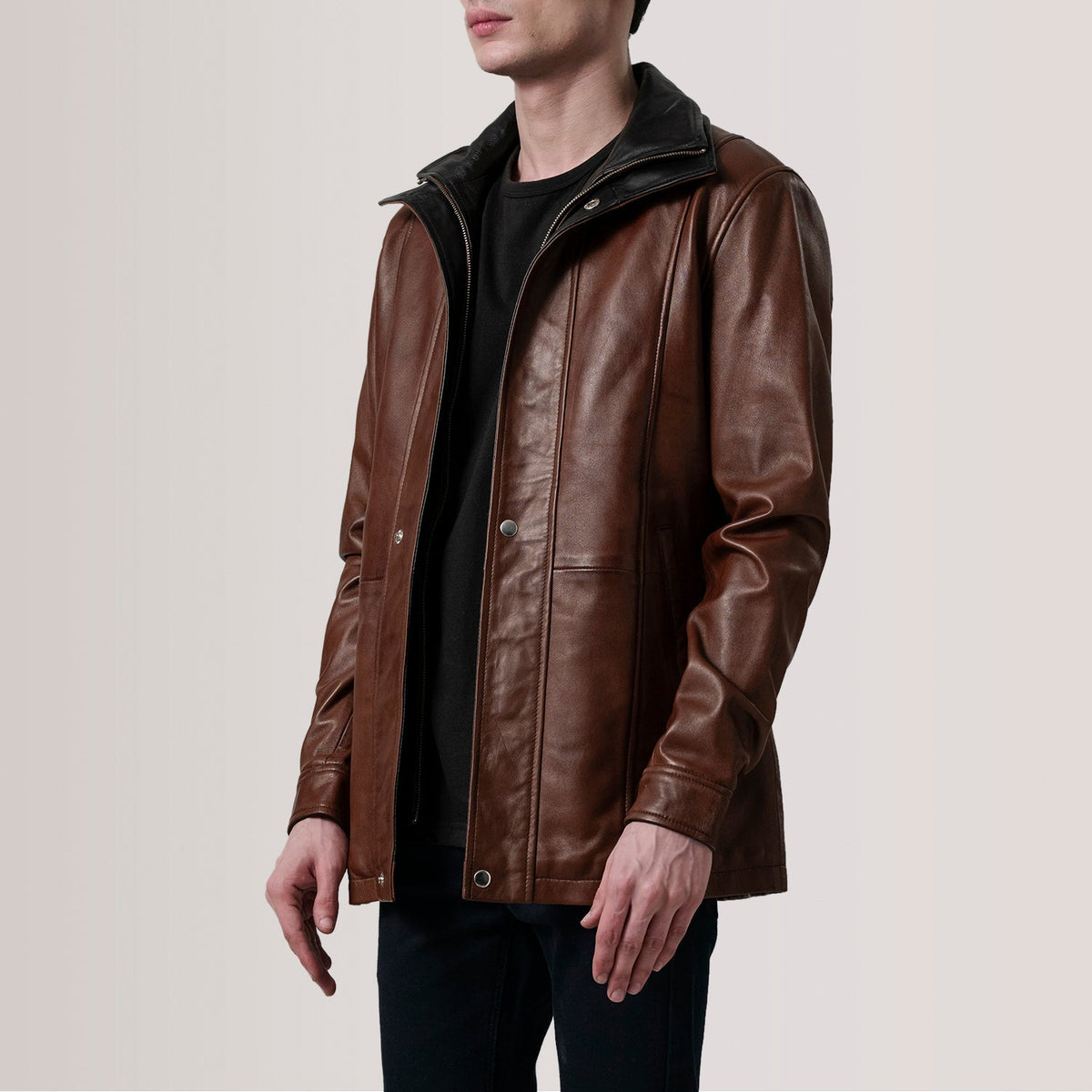 Connor Waxed Brown Leather Coat - men's coat in brown premium leather, view 3