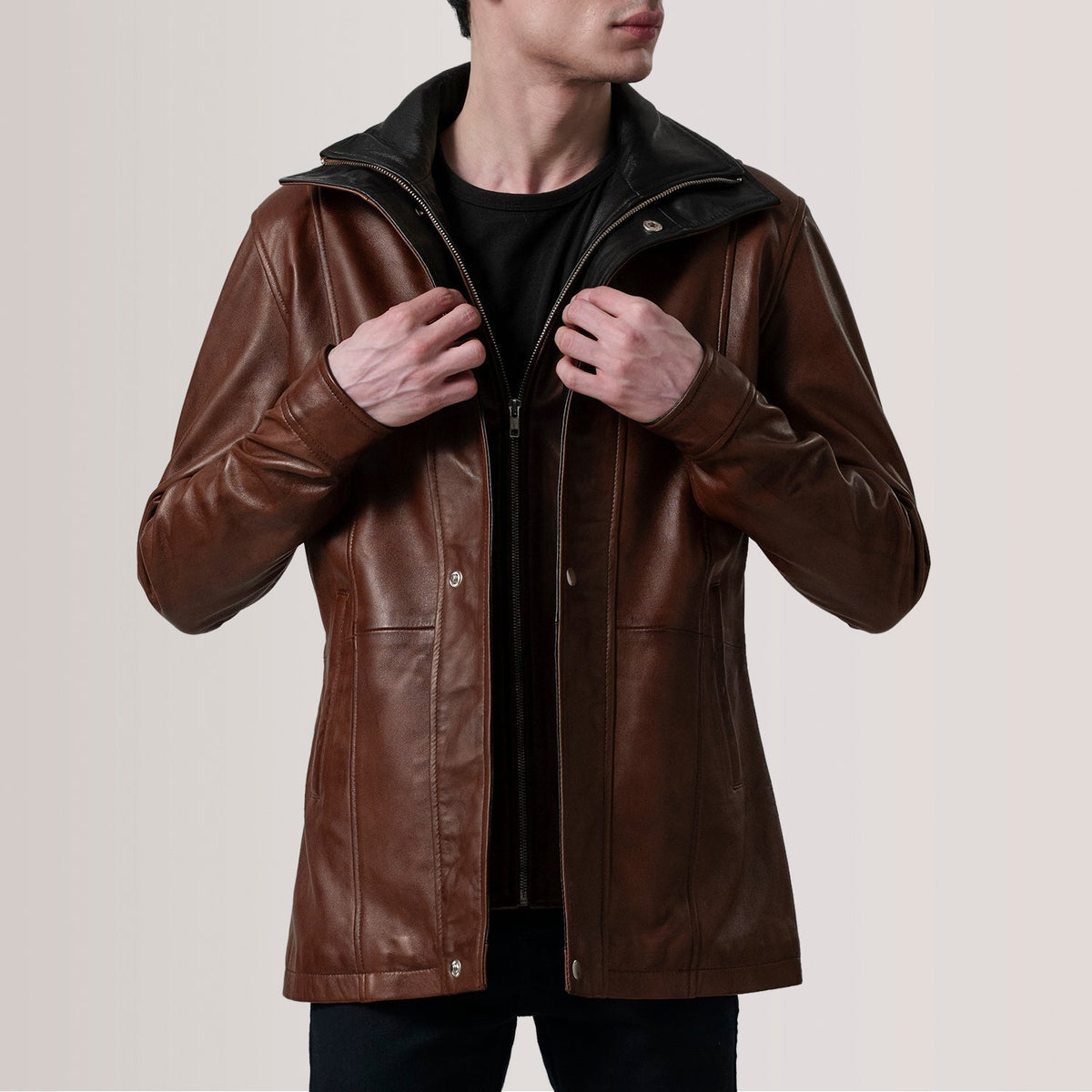 Connor Waxed Brown Leather Coat - men's coat in brown premium leather, view 5