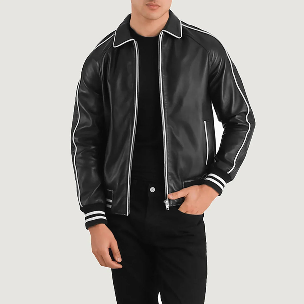Cooper Black Leather Varsity Jacket - men's jacket in black sheepskin leather, view 1