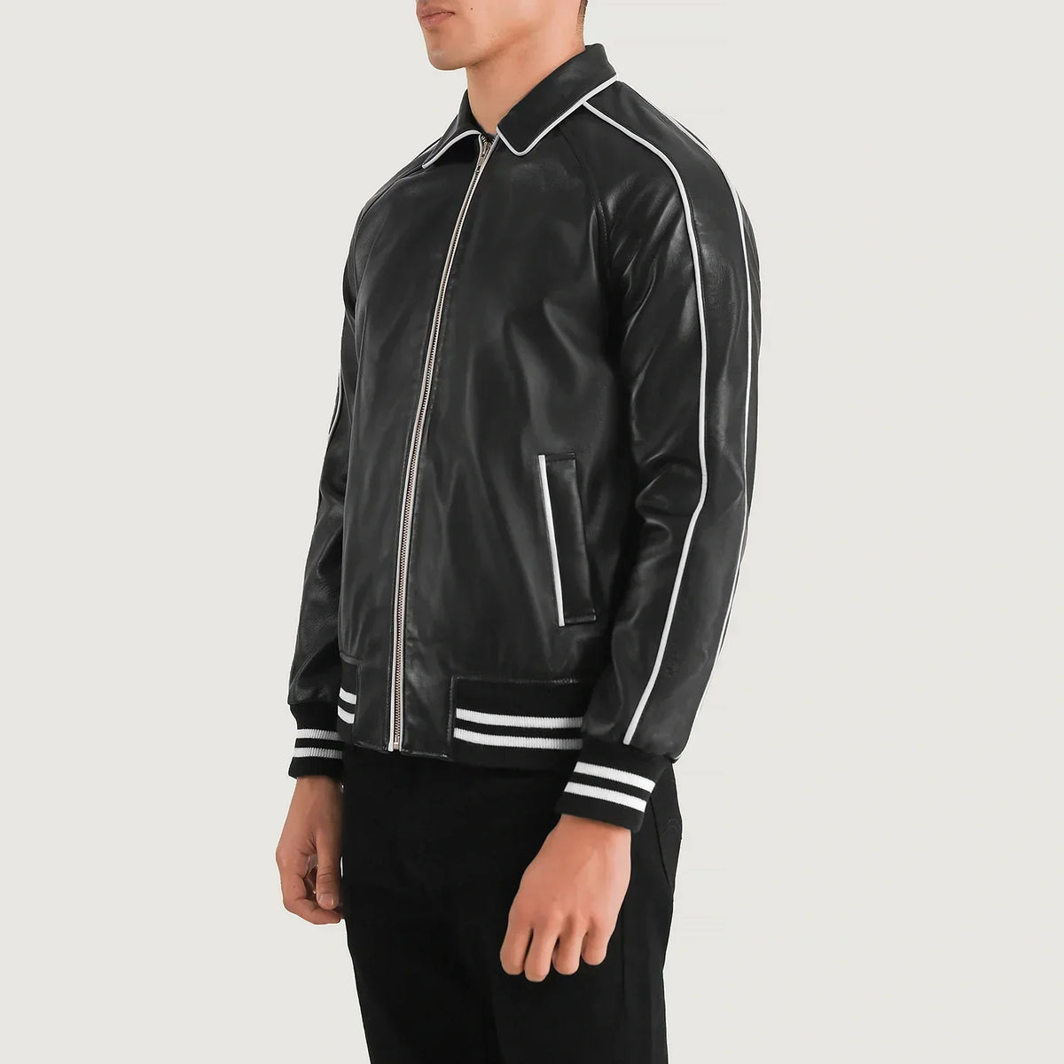 Cooper Black Leather Varsity Jacket - men's jacket in black sheepskin leather, view 2
