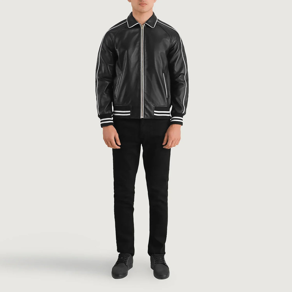 Cooper Black Leather Varsity Jacket - men's jacket in black sheepskin leather, view 3