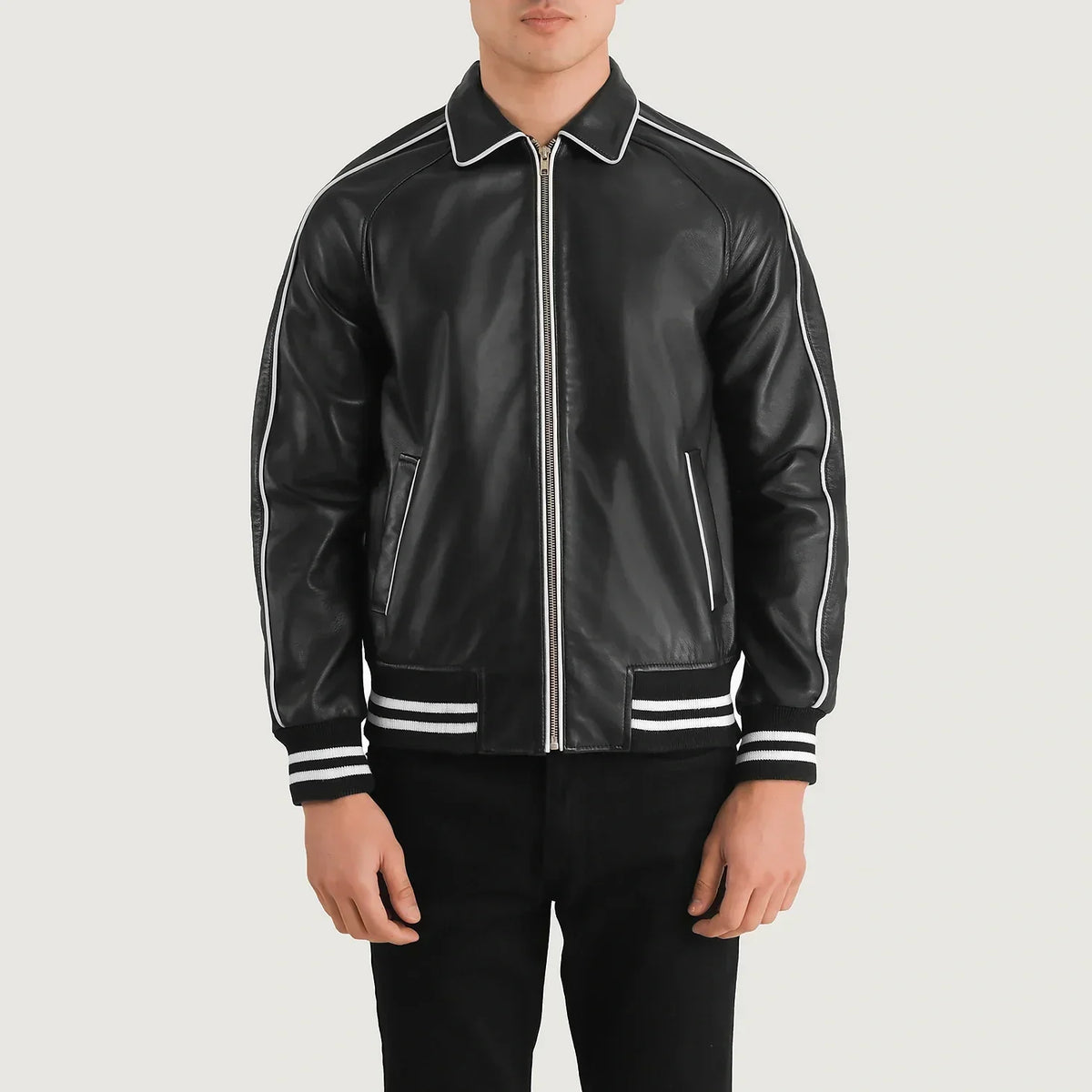 Cooper Black Leather Varsity Jacket - men's jacket in black sheepskin leather, view 4