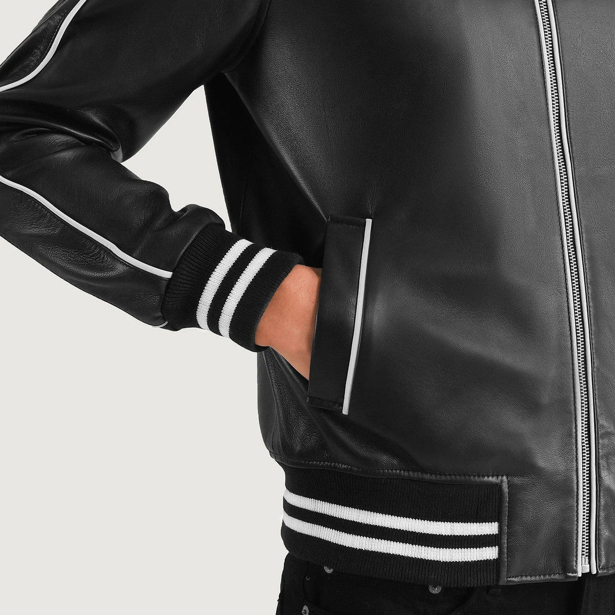 Cooper Black Leather Varsity Jacket - men's jacket in black sheepskin leather, view 6