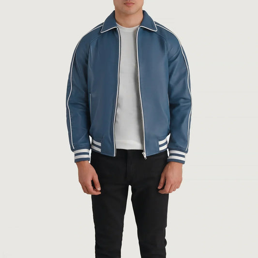 Cooper Blue Leather Varsity Jacket - men's jacket in blue sheepskin leather, view 1