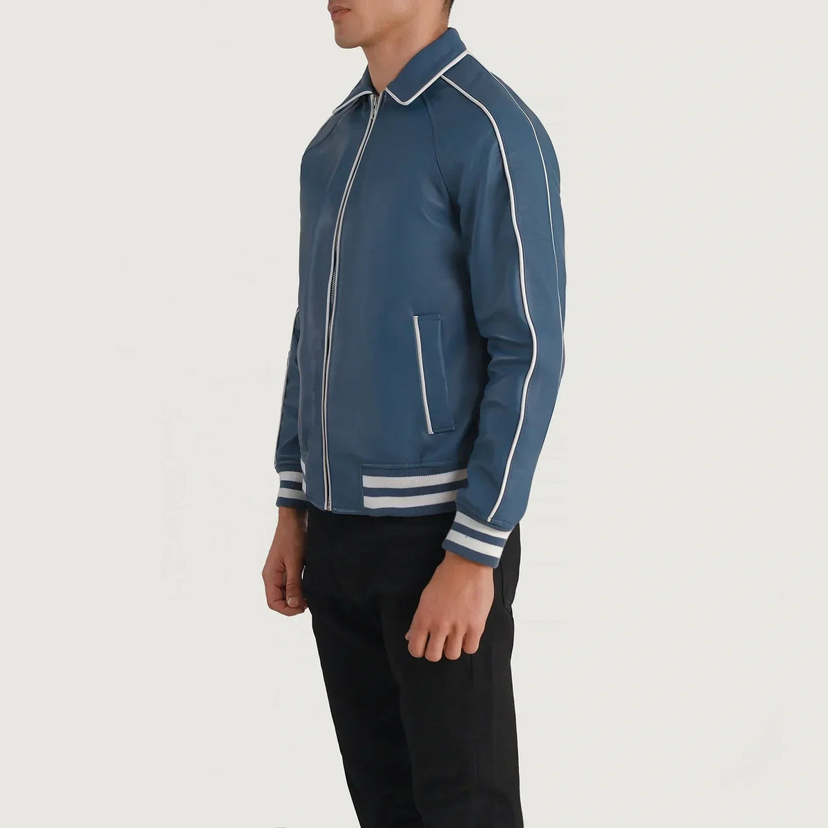 Cooper Blue Leather Varsity Jacket - men's jacket in blue sheepskin leather, view 2
