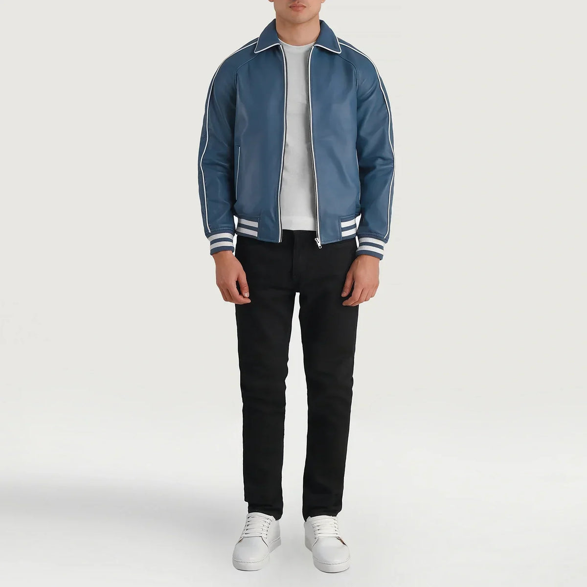 Cooper Blue Leather Varsity Jacket - men's jacket in blue sheepskin leather, view 3