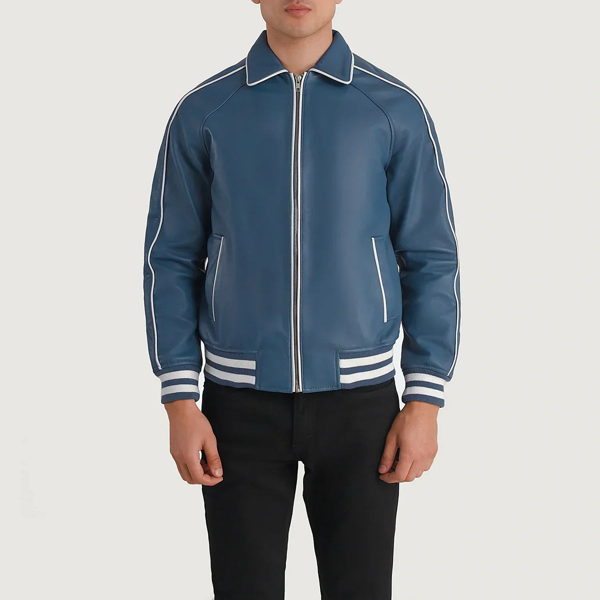 Cooper Blue Leather Varsity Jacket - men's jacket in blue sheepskin leather, view 4