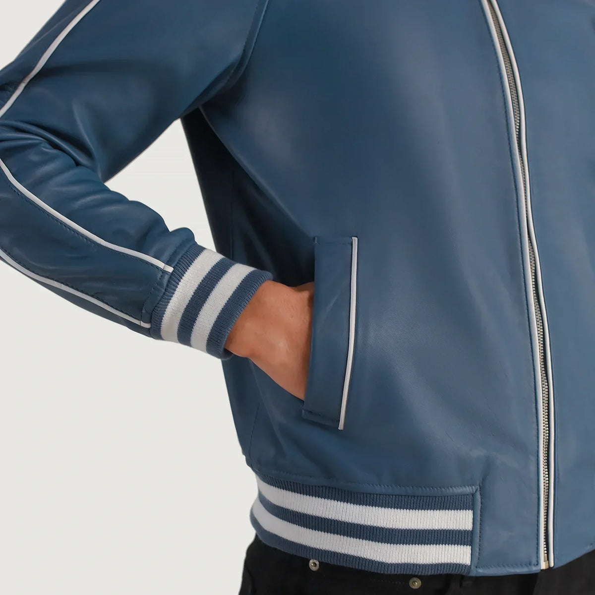 Cooper Blue Leather Varsity Jacket - men's jacket in blue sheepskin leather, view 6