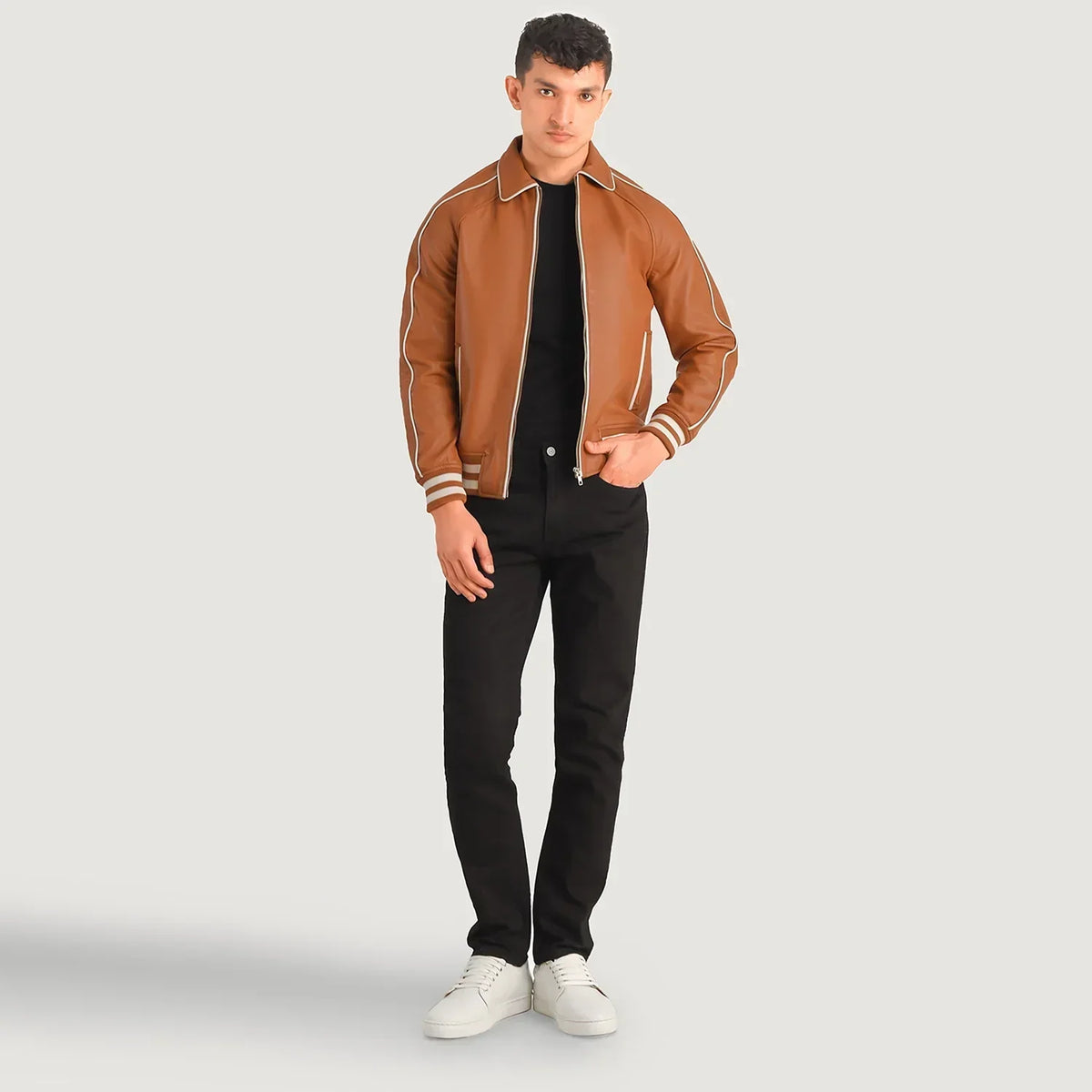 Cooper Tan Brown Leather Varsity Jacket - men's jacket in brown & tan sheepskin leather, view 1