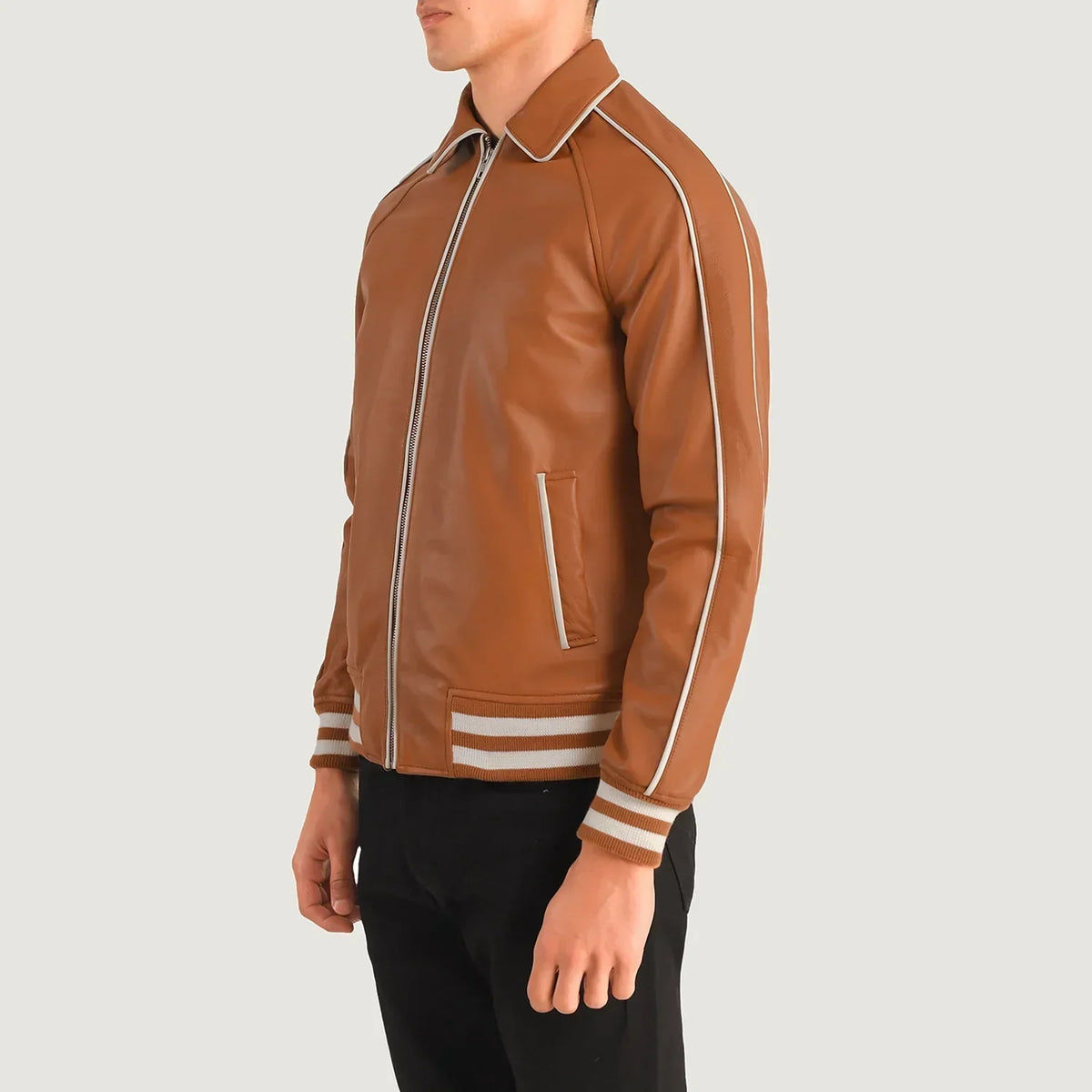 Cooper Tan Brown Leather Varsity Jacket - men's jacket in brown & tan sheepskin leather, view 2
