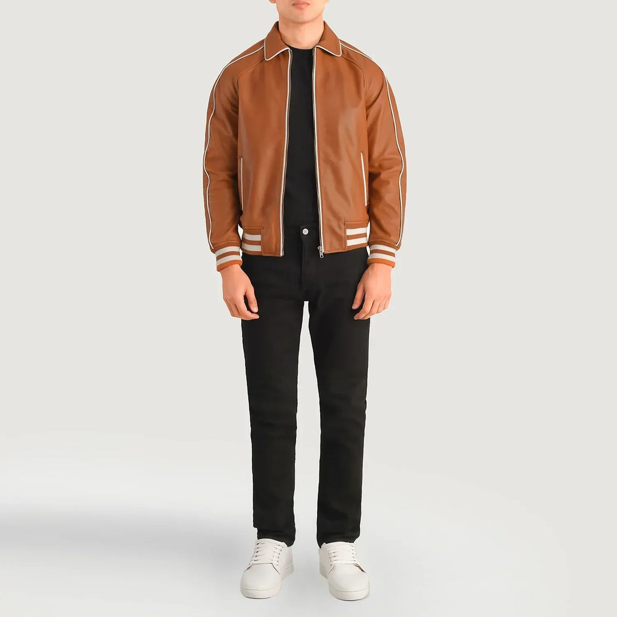 Cooper Tan Brown Leather Varsity Jacket - men's jacket in brown & tan sheepskin leather, view 3