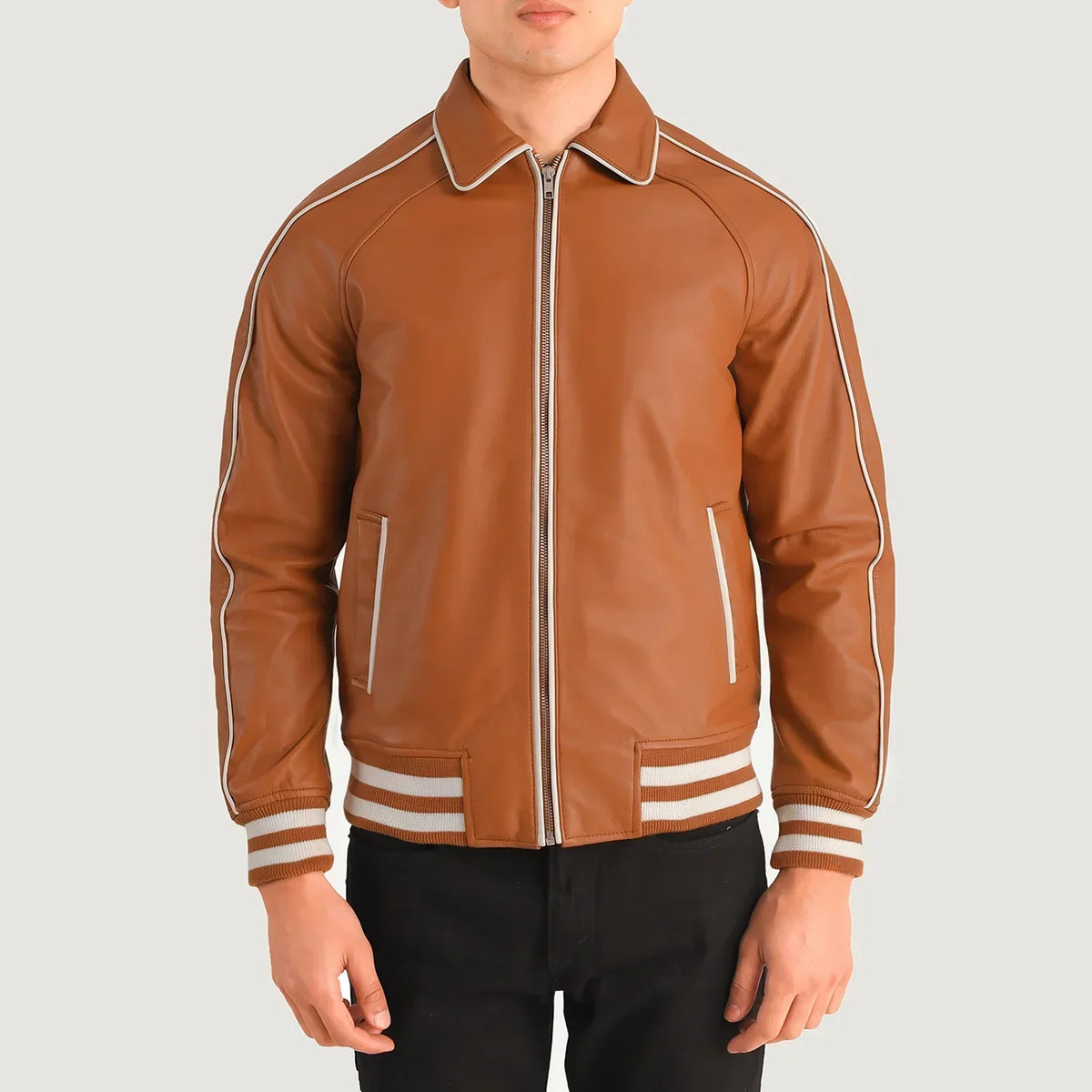 Cooper Tan Brown Leather Varsity Jacket - men's jacket in brown & tan sheepskin leather, view 4