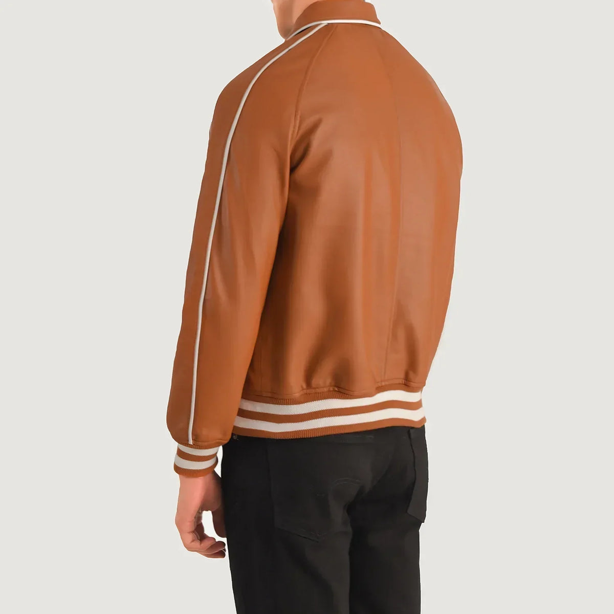 Cooper Tan Brown Leather Varsity Jacket - men's jacket in brown & tan sheepskin leather, view 5