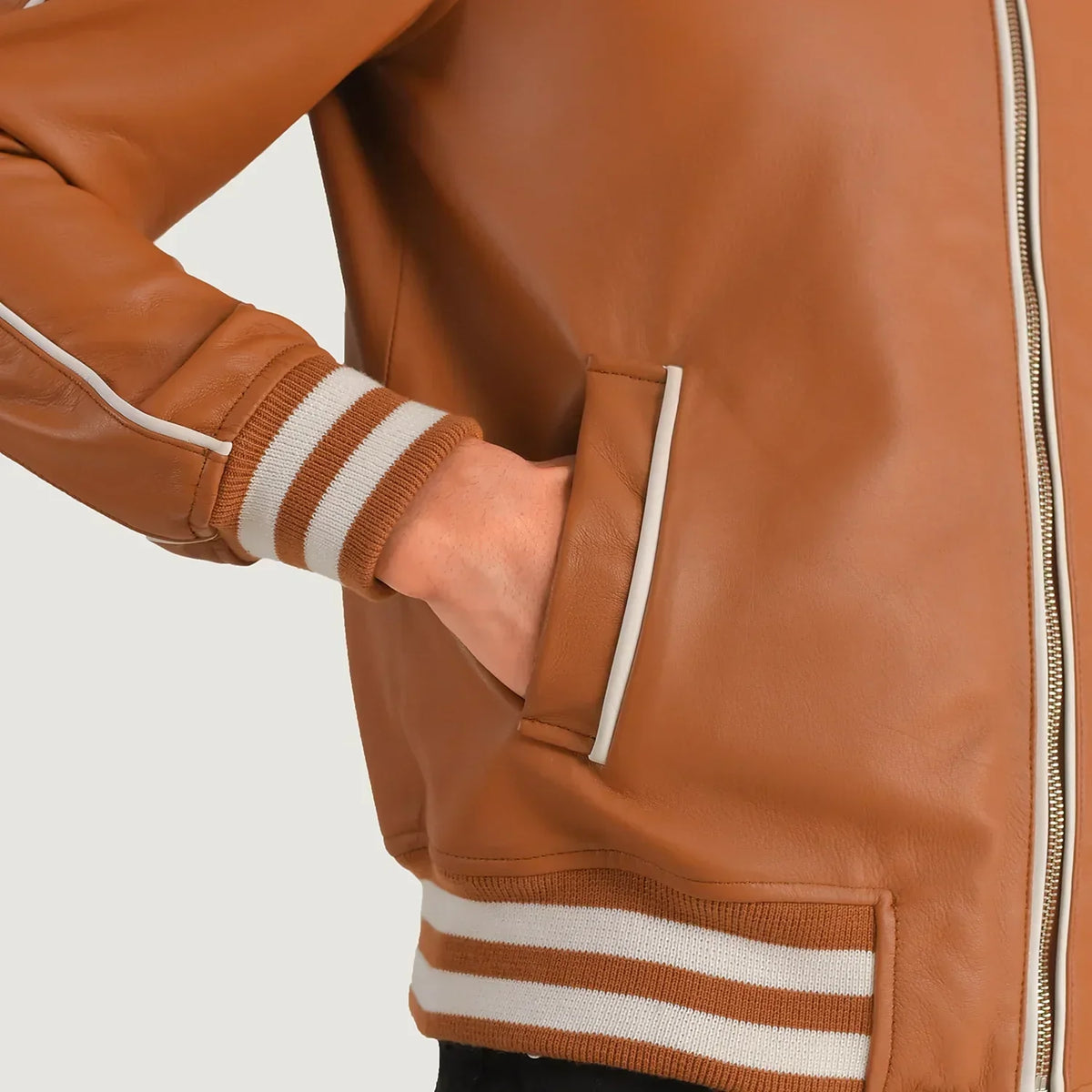 Cooper Tan Brown Leather Varsity Jacket - men's jacket in brown & tan sheepskin leather, view 6