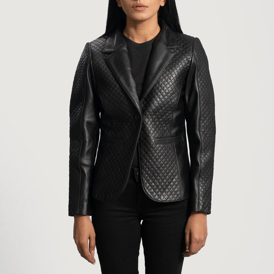 Brex Cora Quilted Black Leather Blazer - women's blazer in black sheepskin leather, view 1