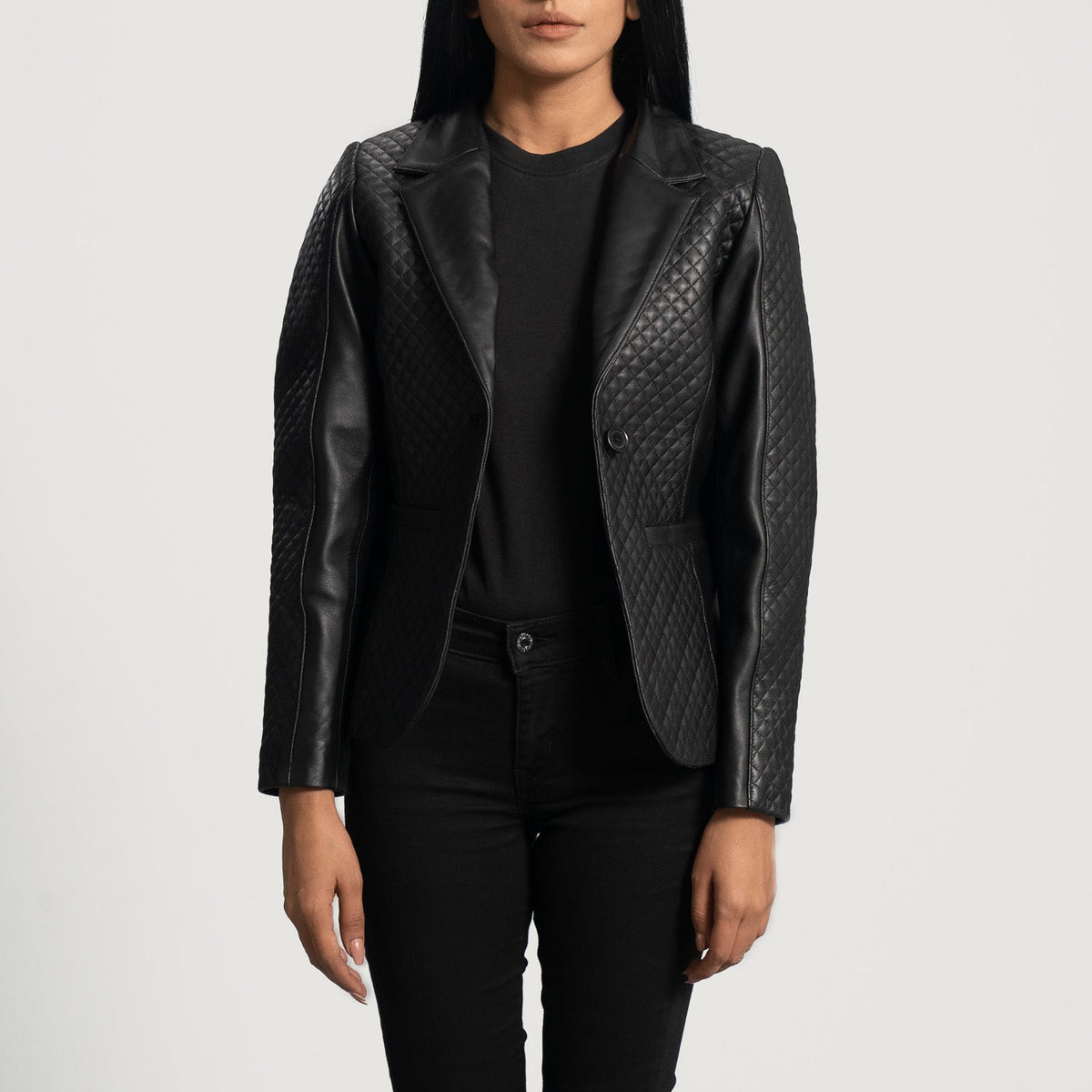 Brex Cora Quilted Black Leather Blazer - women's blazer in black sheepskin leather, view 2