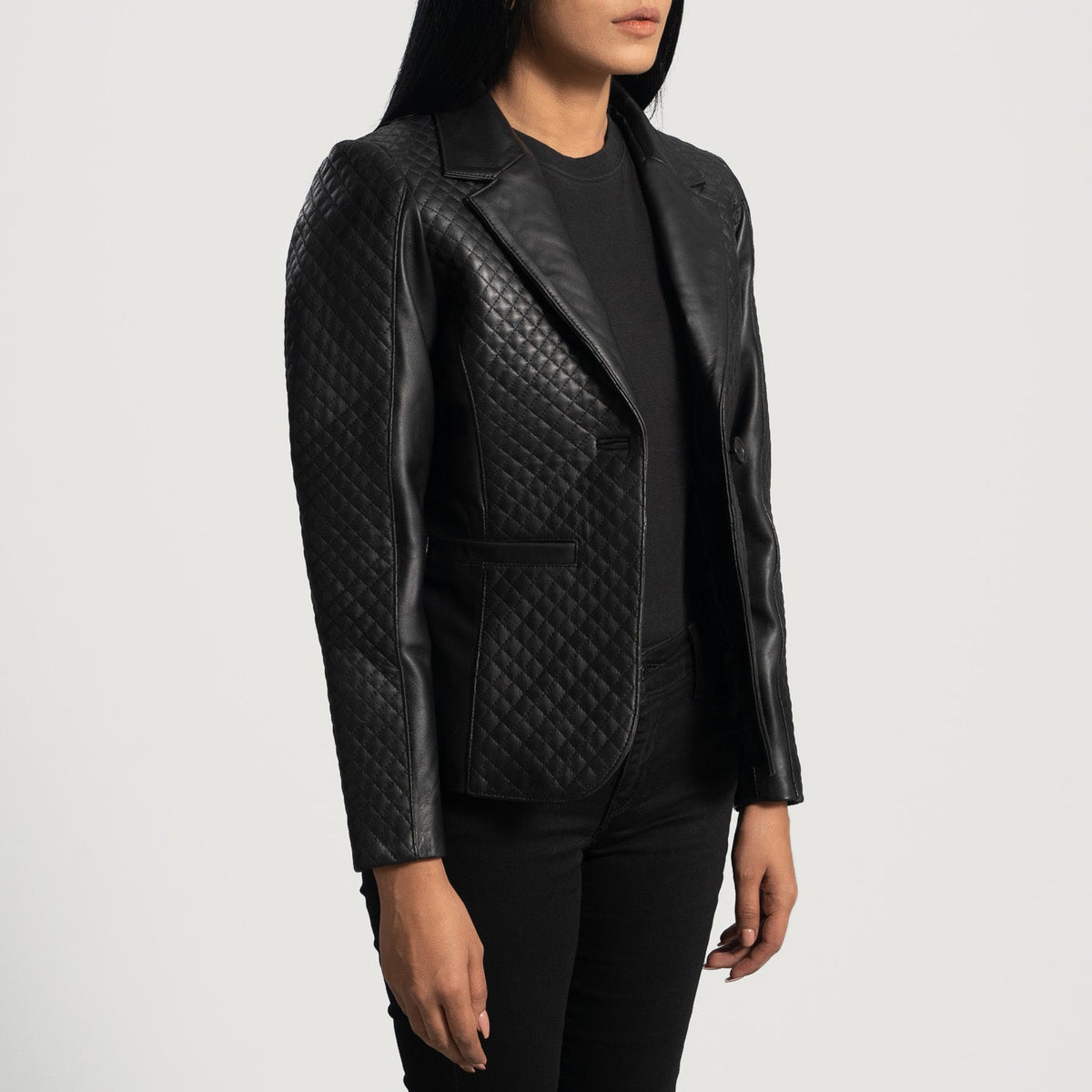 Brex Cora Quilted Black Leather Blazer - women's blazer in black sheepskin leather, view 3