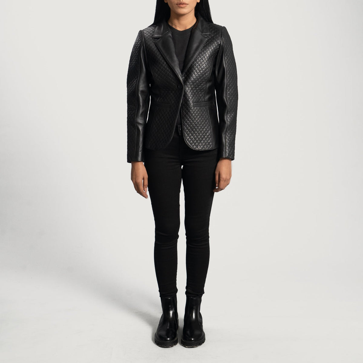 Brex Cora Quilted Black Leather Blazer - women's blazer in black sheepskin leather, view 5