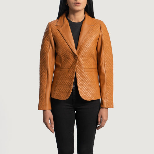 Brex Cora Quilted Brown Leather Blazer - women's blazer in brown sheepskin leather, view 1