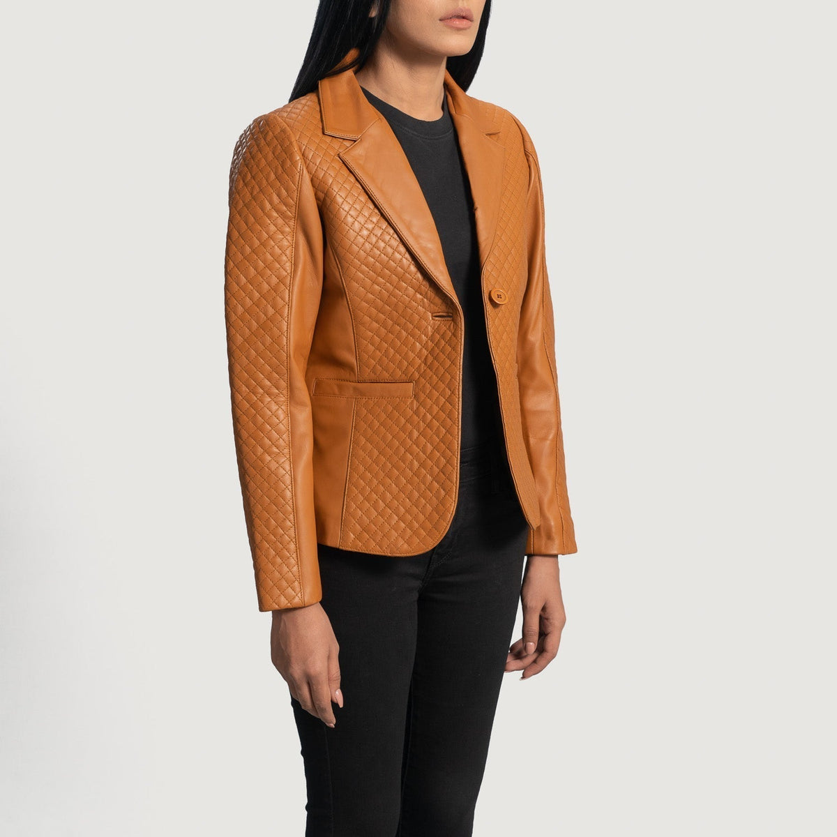 Brex Cora Quilted Brown Leather Blazer - women's blazer in brown sheepskin leather, view 2