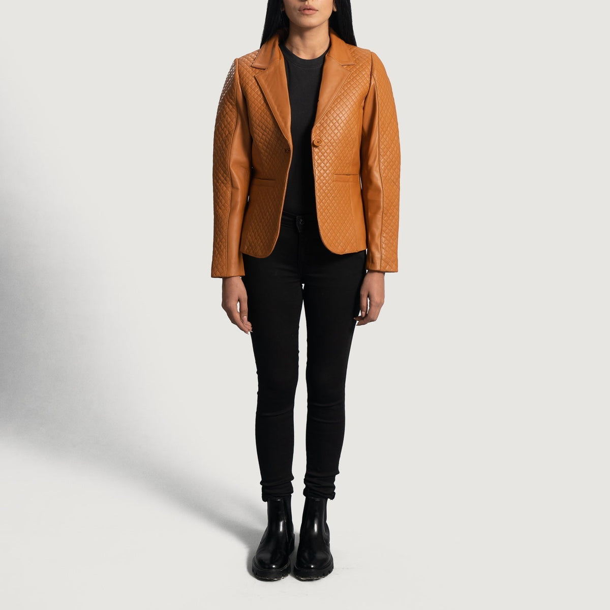 Brex Cora Quilted Brown Leather Blazer - women's blazer in brown sheepskin leather, view 4