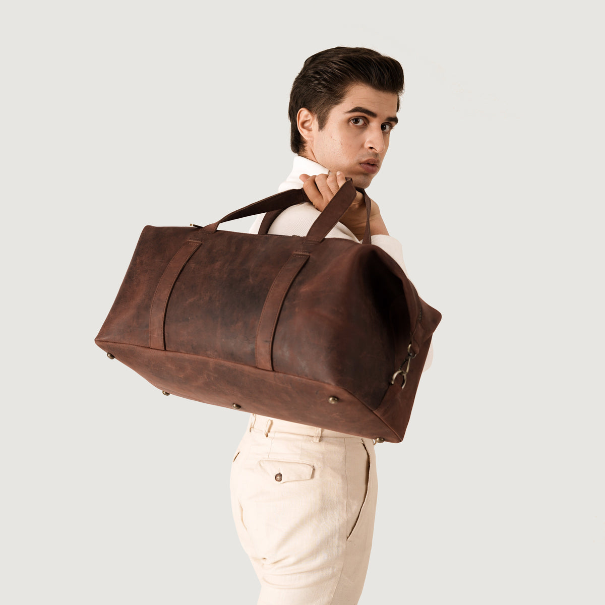 Brex Dale Vintage Distressed Brown Leather Duffle Bag - brown vintage distressed leather duffle bag, view 8