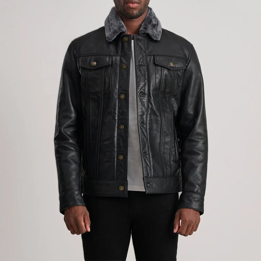 Dallis Black Leather Shearling Trucker Jacket - men's jacket in black sheepskin leather, view 1