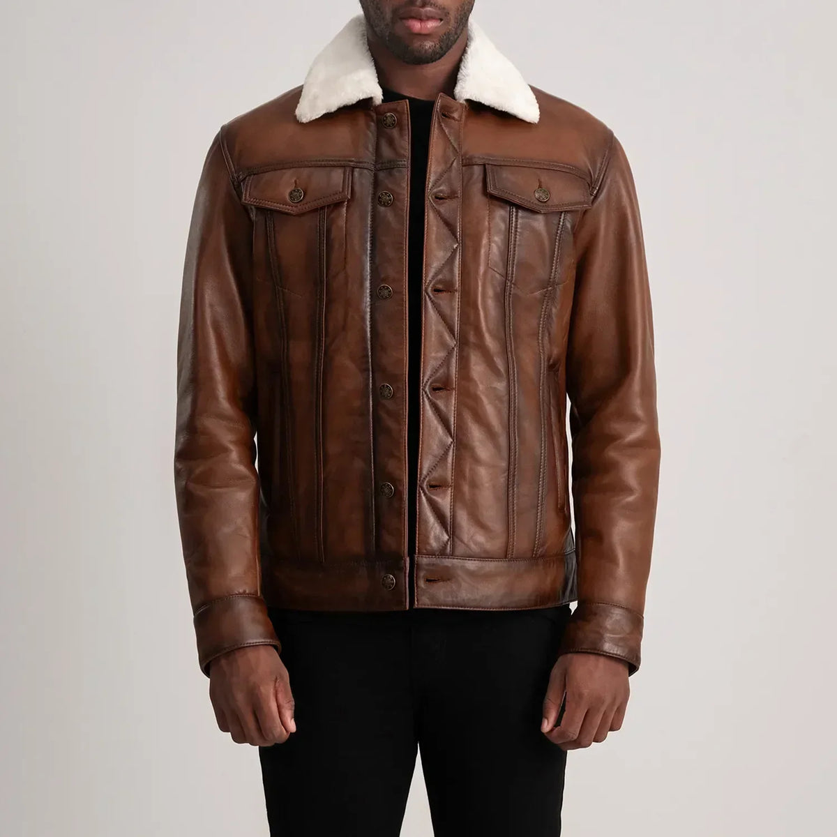 Dallis Brown Leather Shearling Trucker Jacket - men's jacket in brown sheepskin leather, view 1