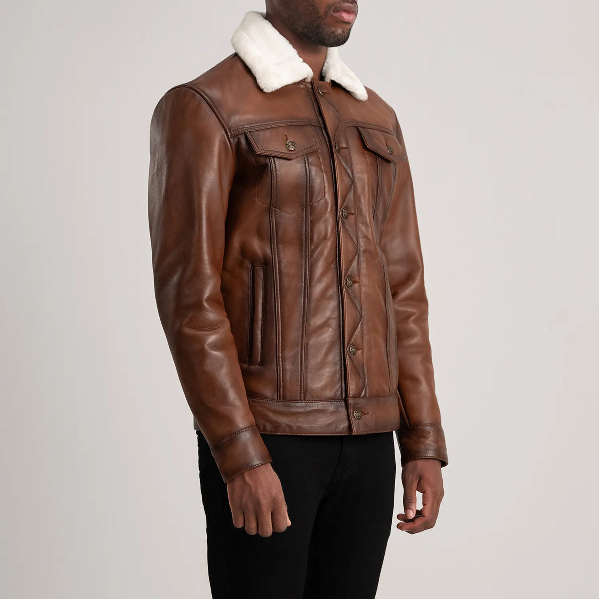 Dallis Brown Leather Shearling Trucker Jacket - men's jacket in brown sheepskin leather, view 2