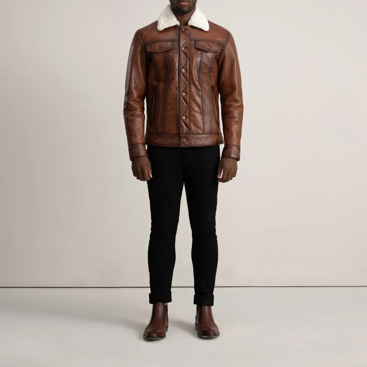 Dallis Brown Leather Shearling Trucker Jacket - men's jacket in brown sheepskin leather, view 3