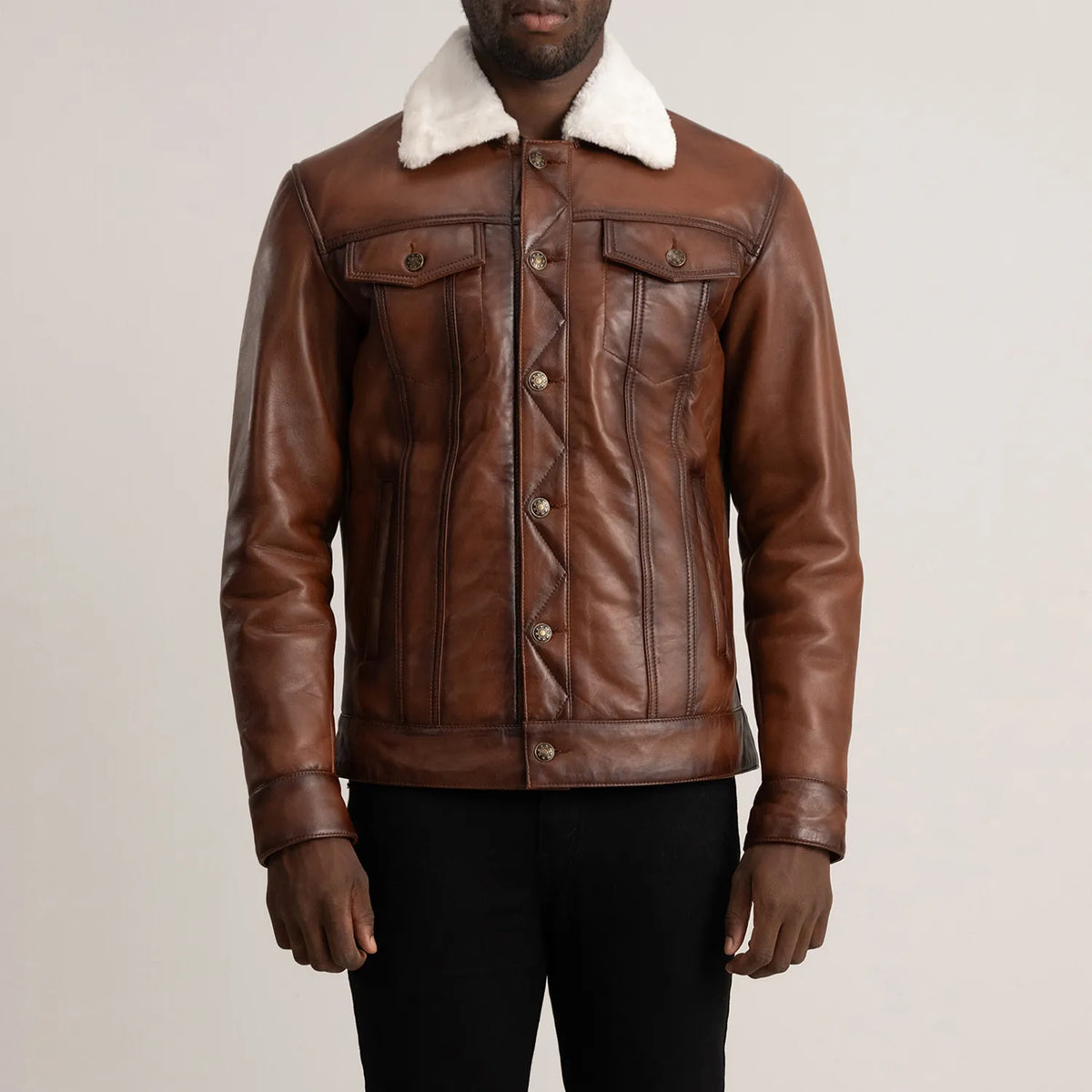 Dallis Brown Leather Shearling Trucker Jacket - men's jacket in brown sheepskin leather, view 4