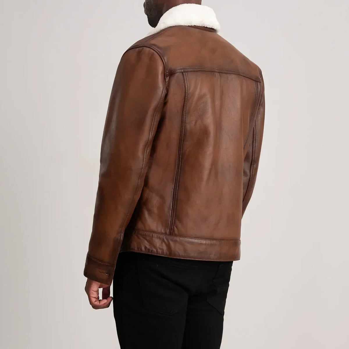 Dallis Brown Leather Shearling Trucker Jacket - men's jacket in brown sheepskin leather, view 5