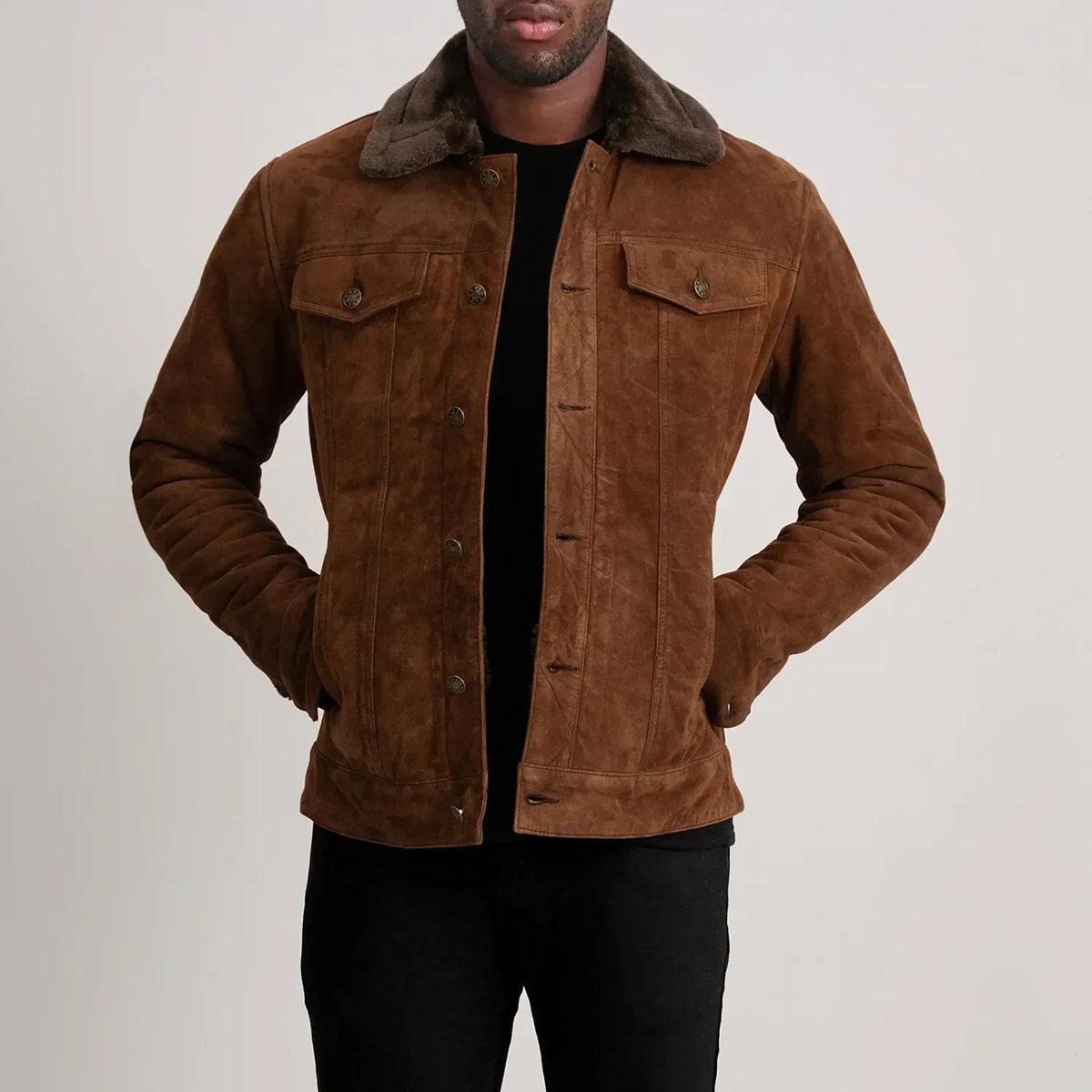 Dallis Brown Suede Shearling Trucker Jacket - men's jacket in brown suede leather, view 1