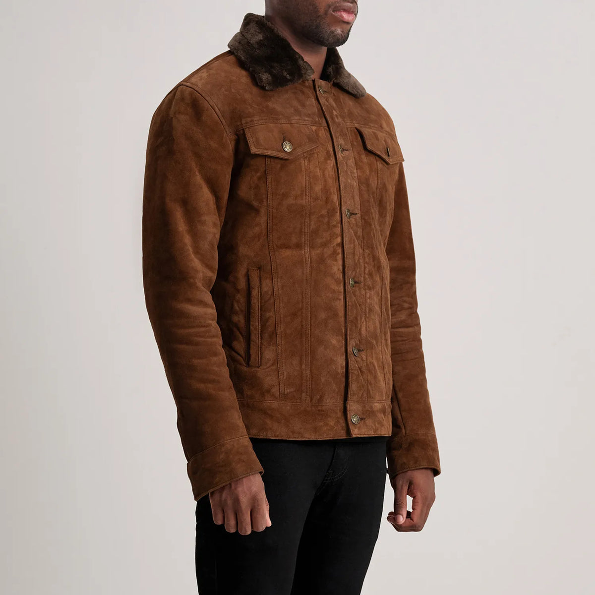 Dallis Brown Suede Shearling Trucker Jacket - men's jacket in brown suede leather, view 2