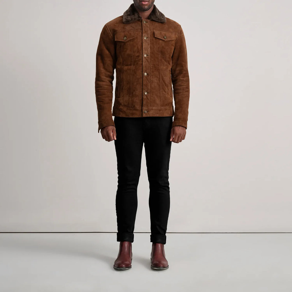 Dallis Brown Suede Shearling Trucker Jacket - men's jacket in brown suede leather, view 3