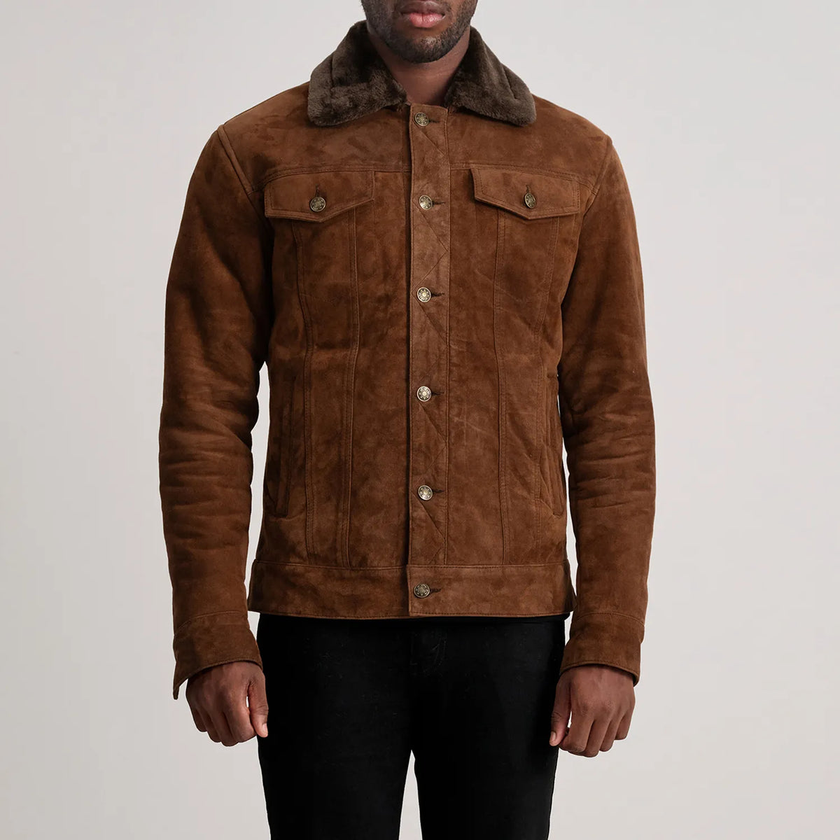Dallis Brown Suede Shearling Trucker Jacket - men's jacket in brown suede leather, view 4
