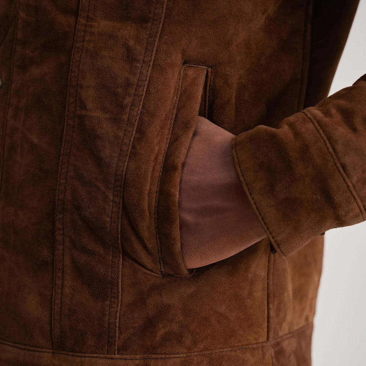 Dallis Brown Suede Shearling Trucker Jacket - men's jacket in brown suede leather, view 6