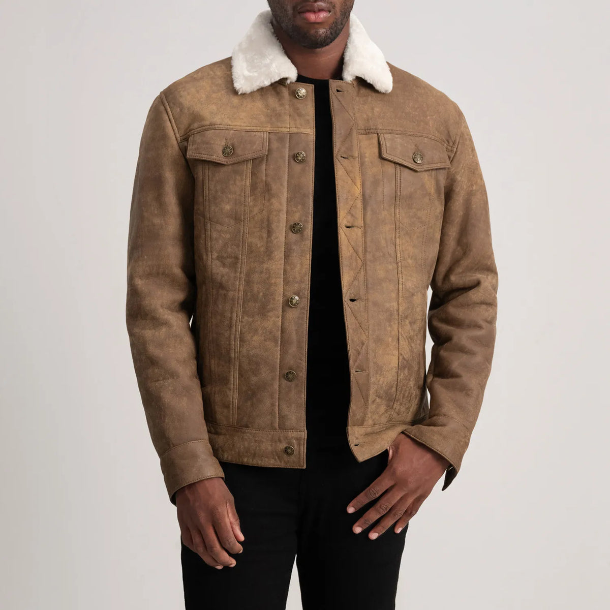 Dallis Distressed Brown Leather Shearling Trucker Jacket - men's jacket in brown sheepskin leather, view 1