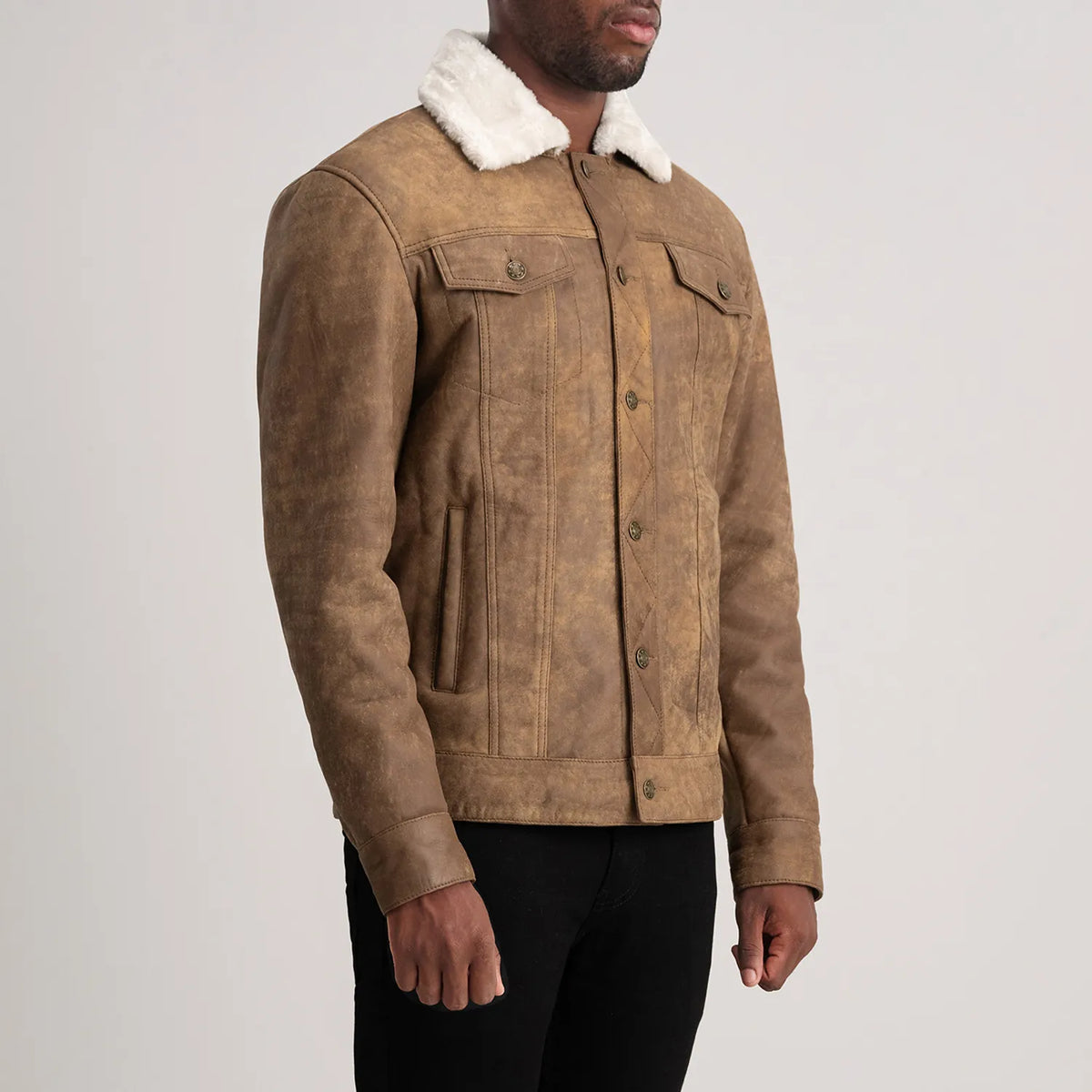 Dallis Distressed Brown Leather Shearling Trucker Jacket - men's jacket in brown sheepskin leather, view 2