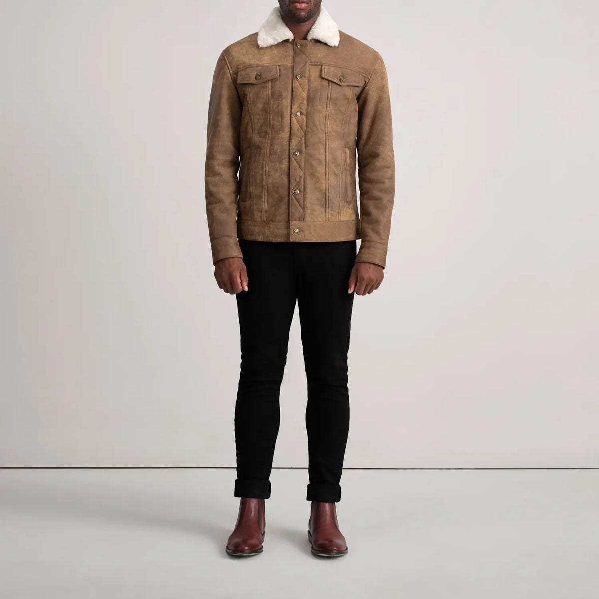 Dallis Distressed Brown Leather Shearling Trucker Jacket - men's jacket in brown sheepskin leather, view 3