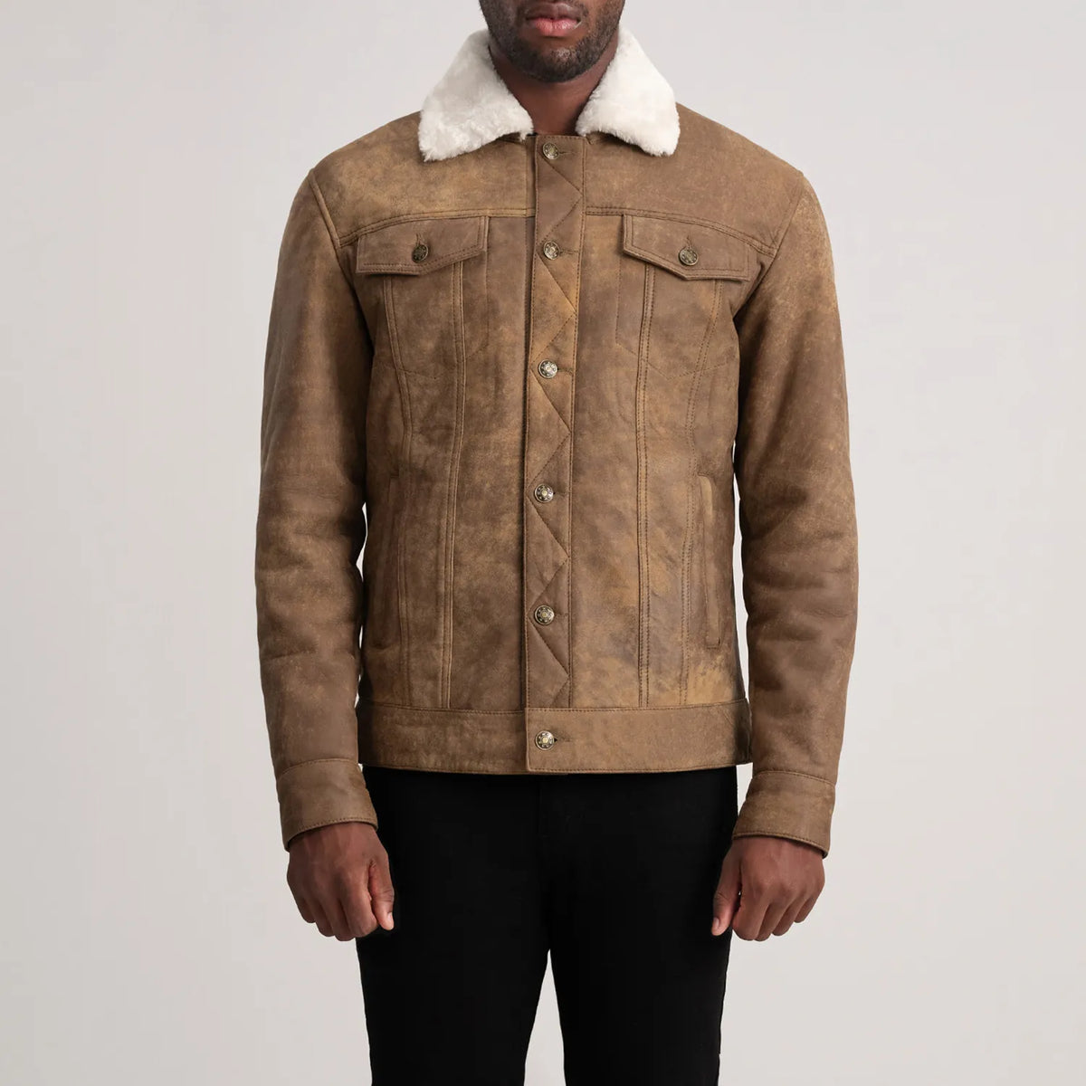 Dallis Distressed Brown Leather Shearling Trucker Jacket - men's jacket in brown sheepskin leather, view 4